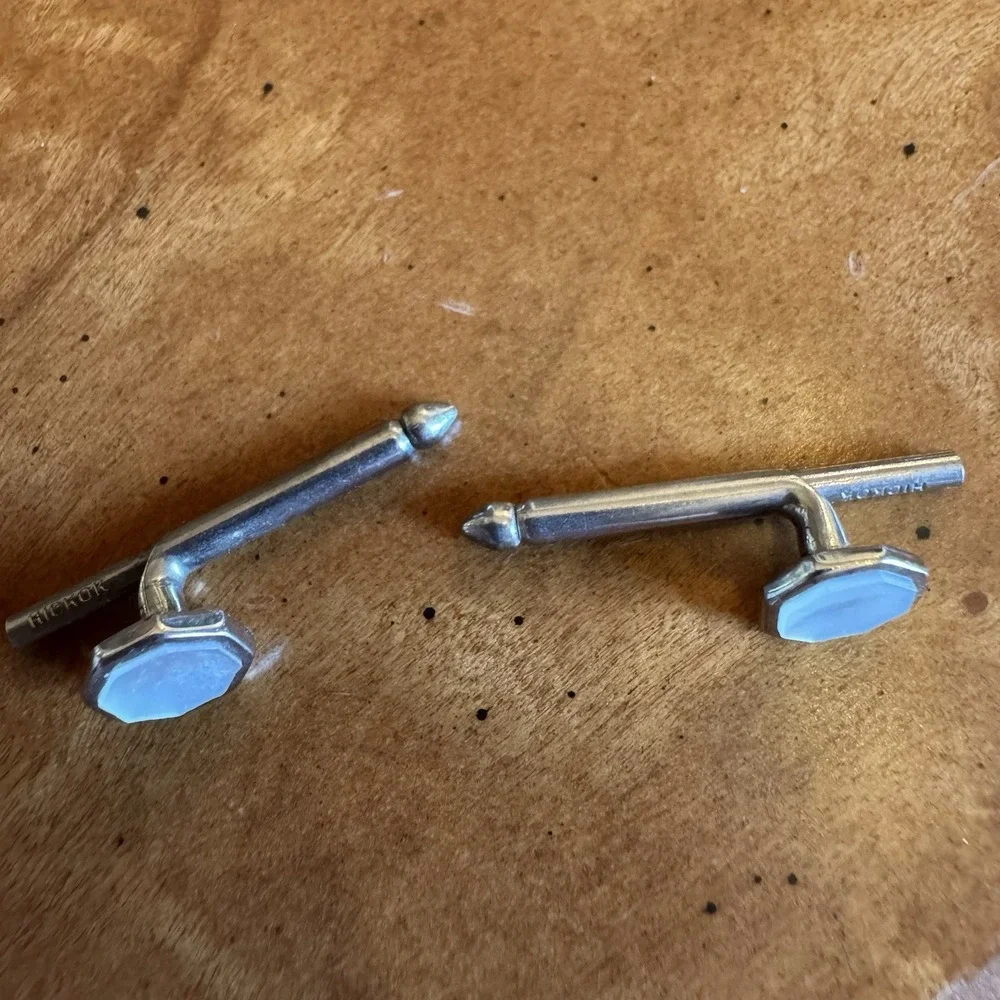 50s Hickok Octagon Bullet Mother of Pearl Cufflinks Silver Tone Mid Century‎